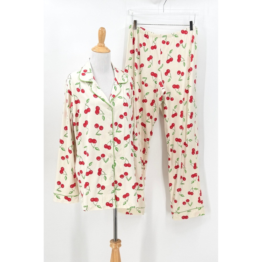 BEDHEAD Knit Pajama Set Womens XL Cream Cherry Print Cotton Stretch Sleepwear